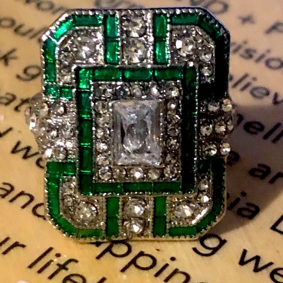 💚Green Emerald Rectangle/Square With Simulated Diamonds💎Wh Gold Filled, Silver - Picture 2 of 7